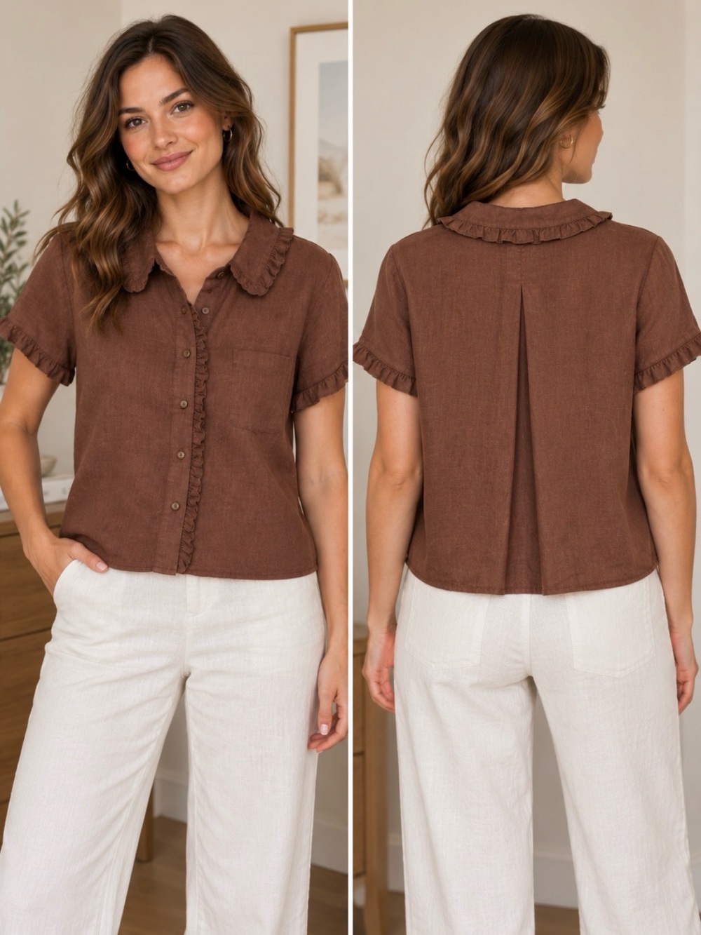 Sold-out J.Crew Ruffle-Trim Button-Up Shirt in Linen cocoa brown. XS